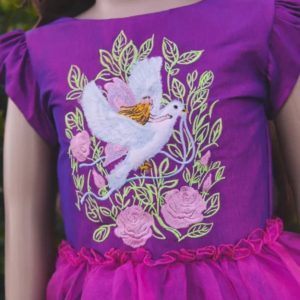 Fairy Fantasy Embossed Embroidered Purple Taffeta-Three Tiered Fabric Long Gown