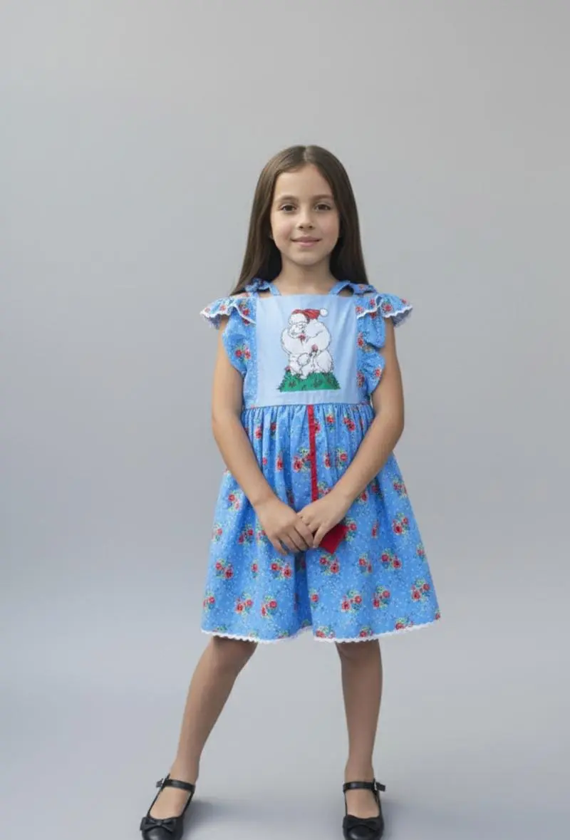 Blue Cotton Blend · Red Floral Accents · Whimsical & Refined1