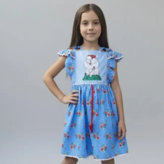 Blue Cotton Blend · Red Floral Accents · Whimsical & Refined