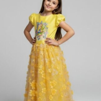 Fairy Gown Collection – Fairy of Fantasy Golden-Yellow Embroidered Taffeta Gown with Storybook