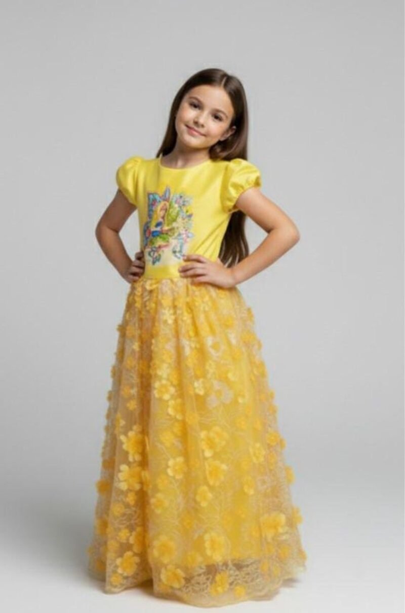 Fairy Gown Collection – Fairy of Fantasy Golden-Yellow Embroidered Taffeta Gown with Storybook