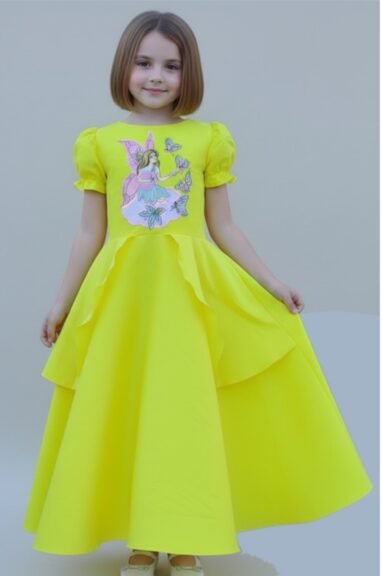 Fairy Gown Collection – Fairy of Fantasy Yellow Taffeta Edition with Embroidered Fairy Motif & Storybook