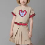 Hand of God Pleated Skirt Set – Beige Cotton Blend with Dove & Rose Embroidery