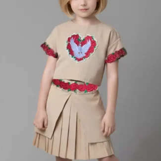 Hand of God Pleated Skirt Set – Beige Cotton Blend with Dove & Rose Embroidery