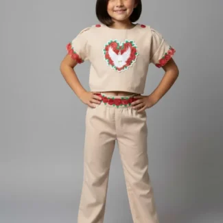 Hand of God Two-Piece Suit – Beige Cotton Blend with Dove & Rose Embroidery