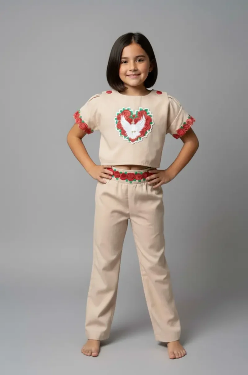 Hand of God Two-Piece Suit – Beige Cotton Blend with Dove & Rose Embroidery1