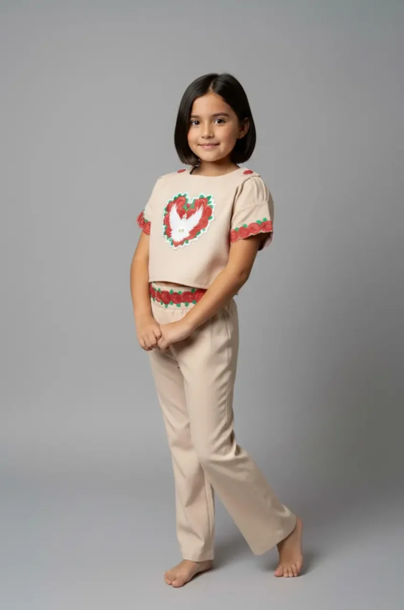 Hand of God Two-Piece Suit – Beige Cotton Blend with Dove & Rose Embroidery2