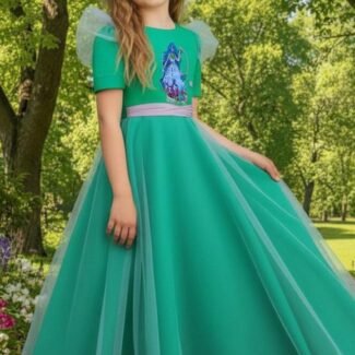 Nature’s Deity — “Earth’s Only Daughter” Gown Green Taffeta Fairy Gown with Embroidered Flora & Storybook