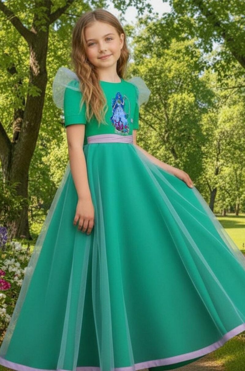 Nature’s Deity — “Earth’s Only Daughter” Gown Green Taffeta Fairy Gown with Embroidered Flora & Storybook