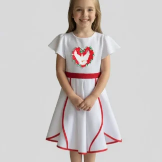 Spirit in Bloom Dress – White Cotton Blend with Red Accents & Dove Embroidery
