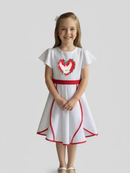 Spirit in Bloom Dress – White Cotton Blend with Red Accents & Dove Embroidery