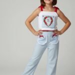 Storybook Collection – Madame Loretta Van Mil Set White & Blue Cotton Blend Two-Piece with Embroidery & Ribbon Details