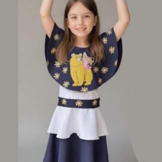 Valiant Princess Collection – Dolly & the Crowned Rider Dress White & Navy Cotton Blend with Gold Embroidery