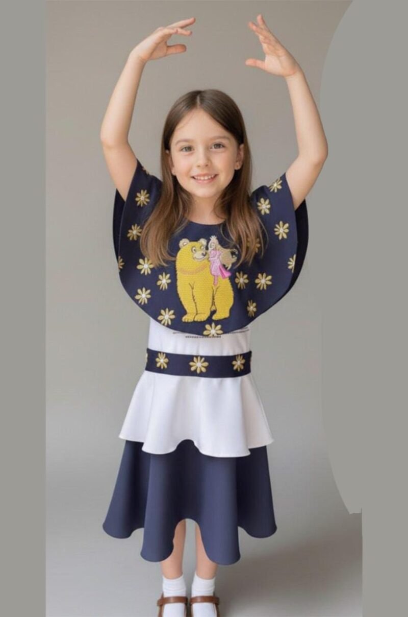 Valiant Princess Collection – Dolly & the Crowned Rider Dress White & Navy Cotton Blend with Gold Embroidery