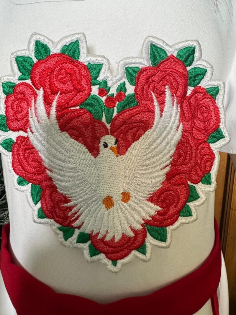 emboidery of Spirit in Bloom Dress – White Cotton Blend with Red Accents & Dove Embroidery