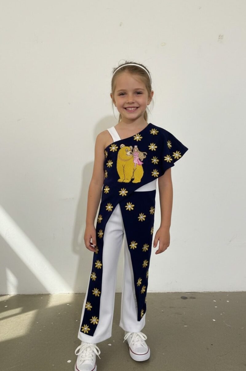 Valiant Princess – Dolly & the Crowned Rider One-Piece Pantsuit Navy & White Cotton Blend with Gold Star Embroidery-