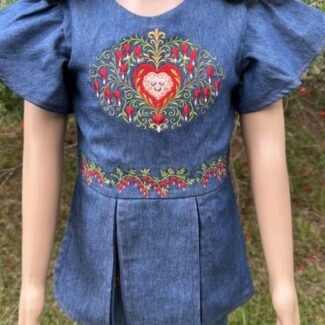 The HeartBrain long denim shirt with embroidered heart medallion, bleeding heart waistband, and pleated flare, Only For Princesses.