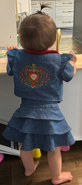 HEARTBRAIN COLLECTION, SKIRT AND BOLERO JACKET, BACK VIEW, MODELED BY NOVA