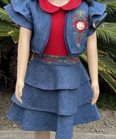 HEARTBRAIN COLLECTION, SKIRT AND BOLERO, WITH RED COLLAR, CROPPED