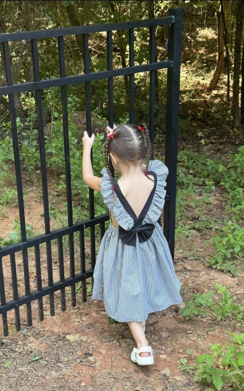 Dolly’s Summer Garden Dress, back at the garden gate, modeled by Lola