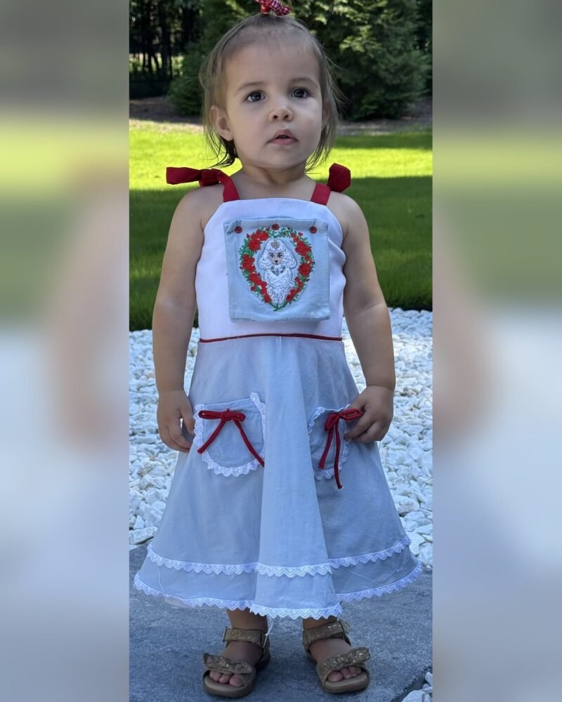 Madam Loretta VanMil Dress, front view, modeled by Nova