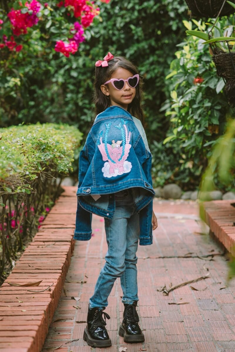 Weightless Pink Elephant Denim Jacket, back embroidery, modeled