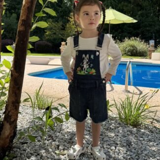 Sir Trottingham’s Garden Overalls, short overalls, modeled by Lola